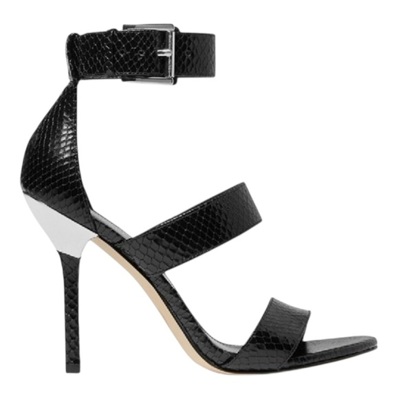 New MK MICHAEL KORS Amal Snake Embossed Leather Sandals Heels Black Size 10 - Picture 3 of 4